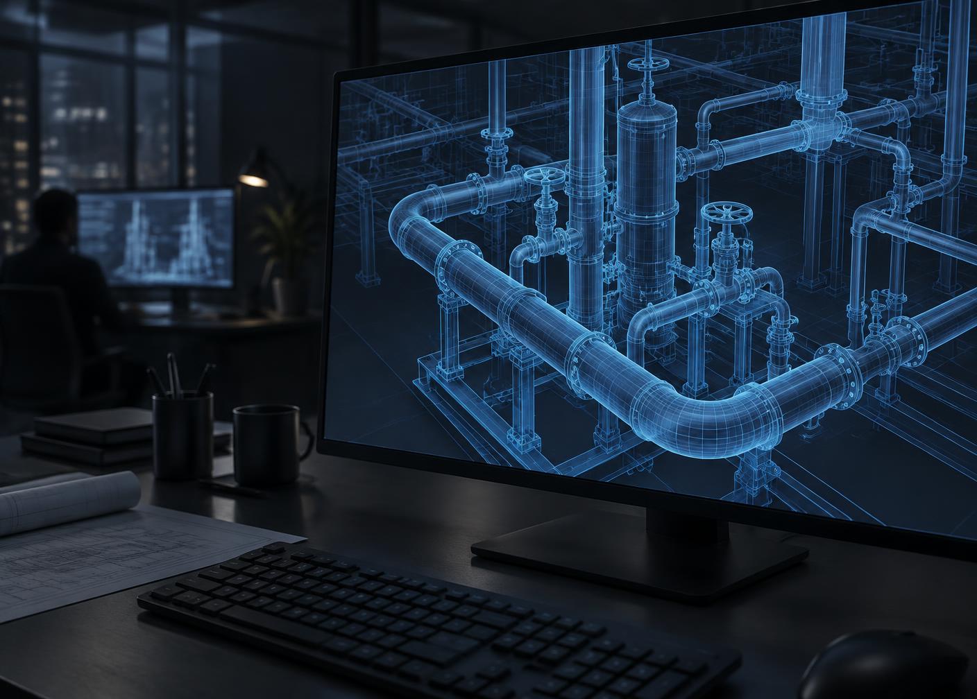3D pipework design model on screen in the PPS design office