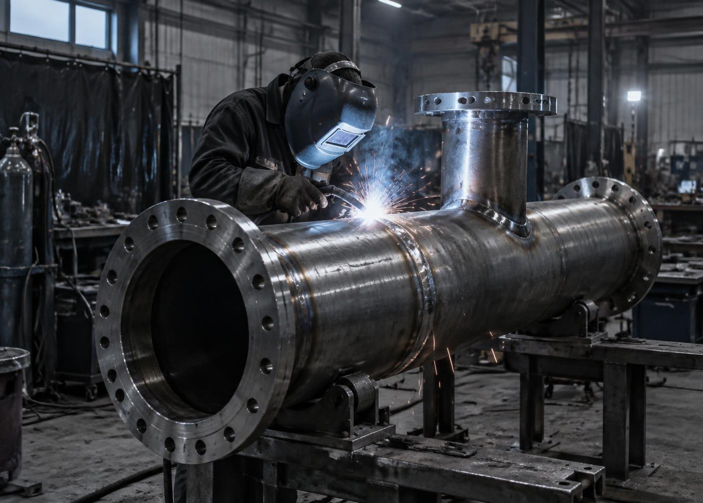 Welder fabricating a stainless steel pipe spool in the PPS workshop