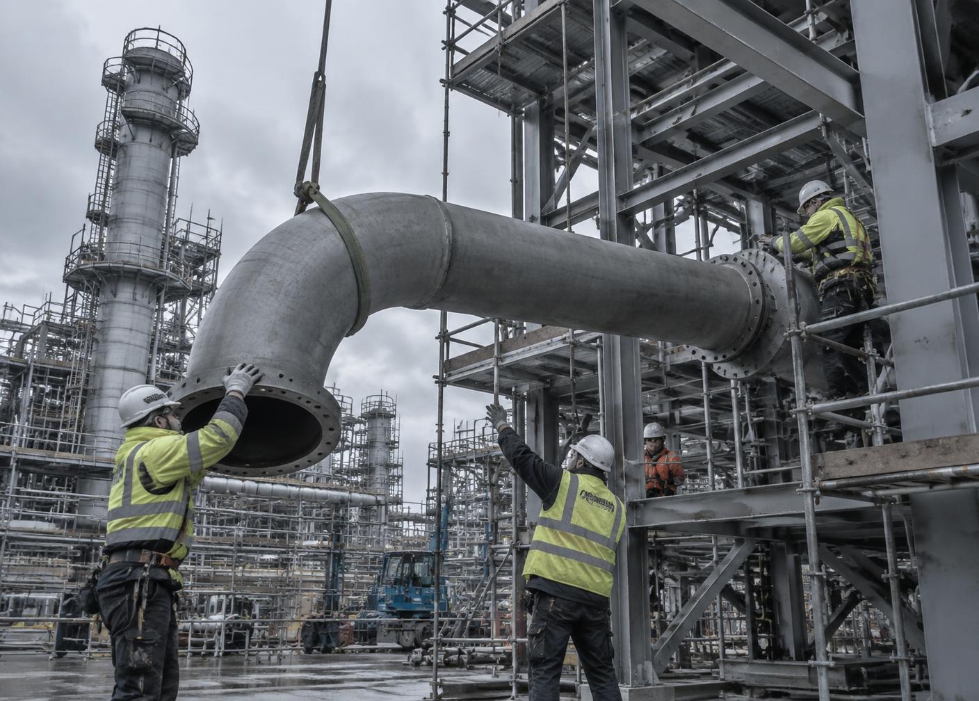 Site team installing a large pipe spool on an industrial plant